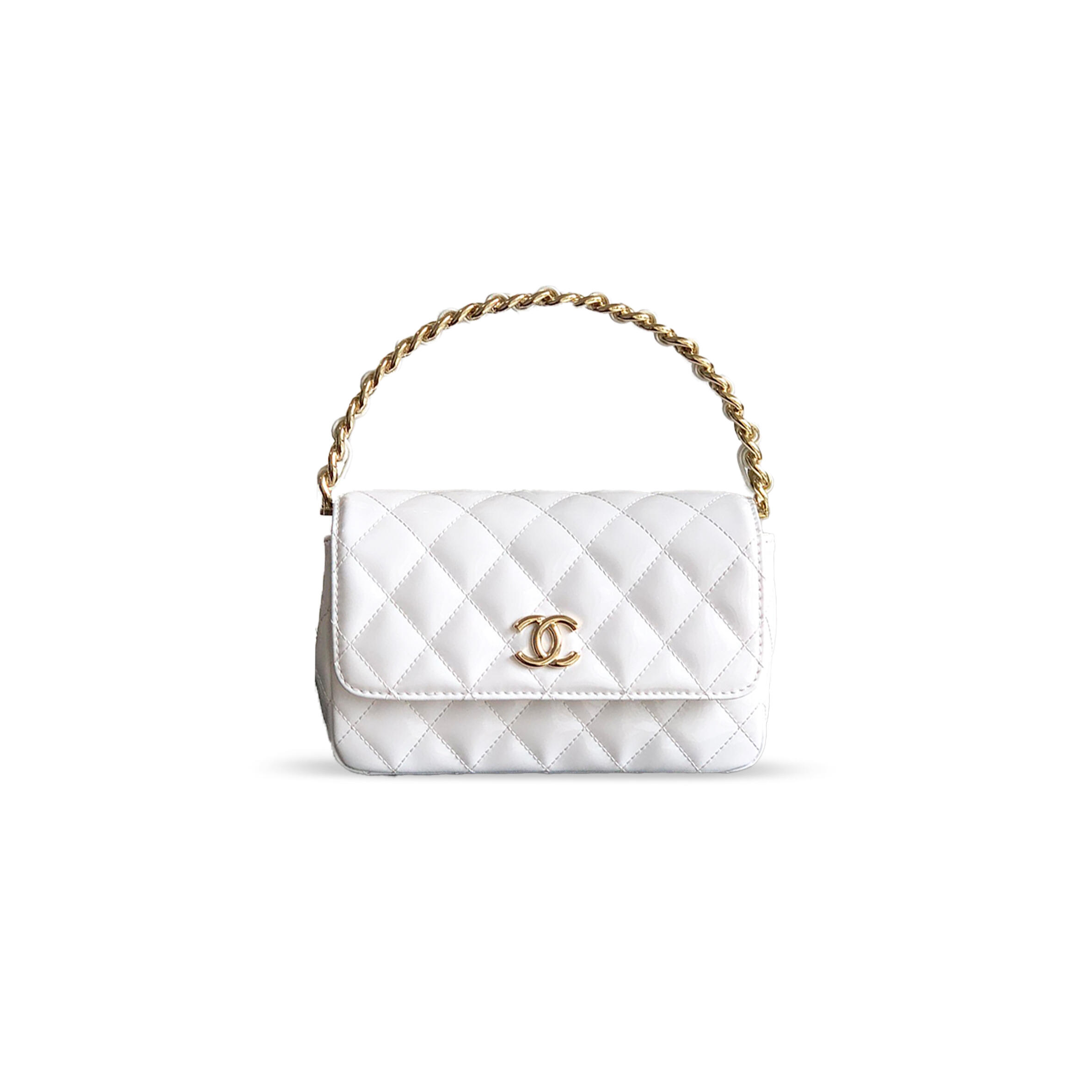 CHANEL MASTER HANDLE FLAP BAG PATENT CALFSKIN & GOLD METAL WHITE 496584 (18.5*10.5*8cm)